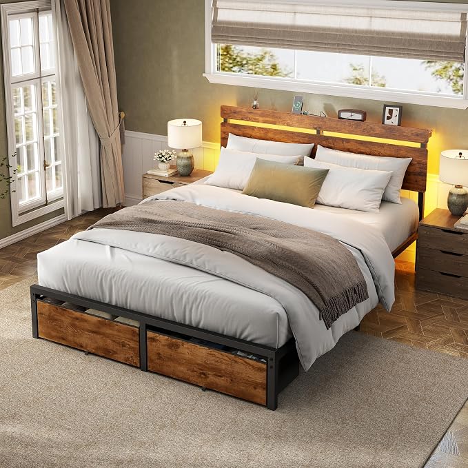 Forestell Queen Bed Frame with Wood Headboard,2 Storage Drawers & Shelf | Built-in Charging Station & LED Lights, Metal Support, No Box Spring Needed, noise-free, easy assembly, Smart RGB, USB+Type-C