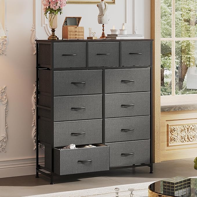 WLIVE Tall Dresser for Bedroom, 11 Drawer Chest of Drawers, Dark Grey | 11 fabric storage drawers, Tall high-capacity design, Bedroom or dorm use, Sturdy steel frame, Smooth wood tabletop