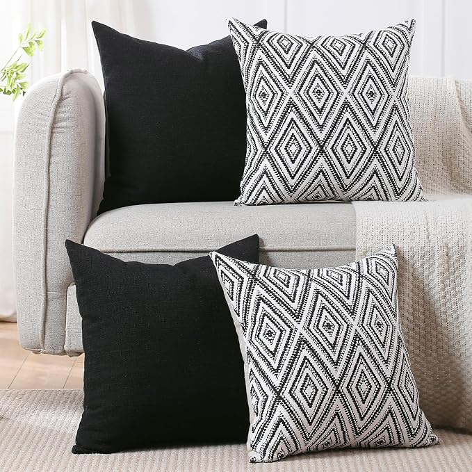 HPUK Throw Pillow Covers 18x18, 4 Pack, Black Textured Couch Pillow Covers | Polyester fabric, patterned and solid designs, hidden zippers, machine washable, for sofas and beds, inserts not included