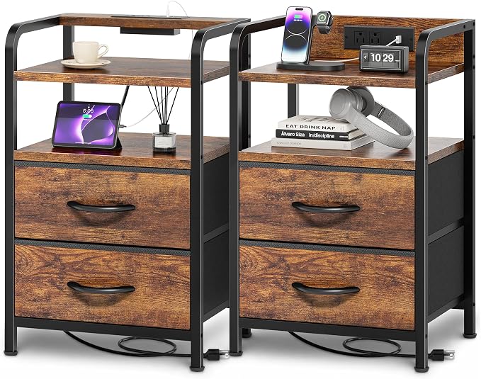 Huuger Nightstands Set of 2, Night Stand, Charging Station, USB-C Ports | 2 Drawers Bed Side Table, Open Shelf, 2-Way Power Panel Installation, End Table for Bedroom, Rustic Brown