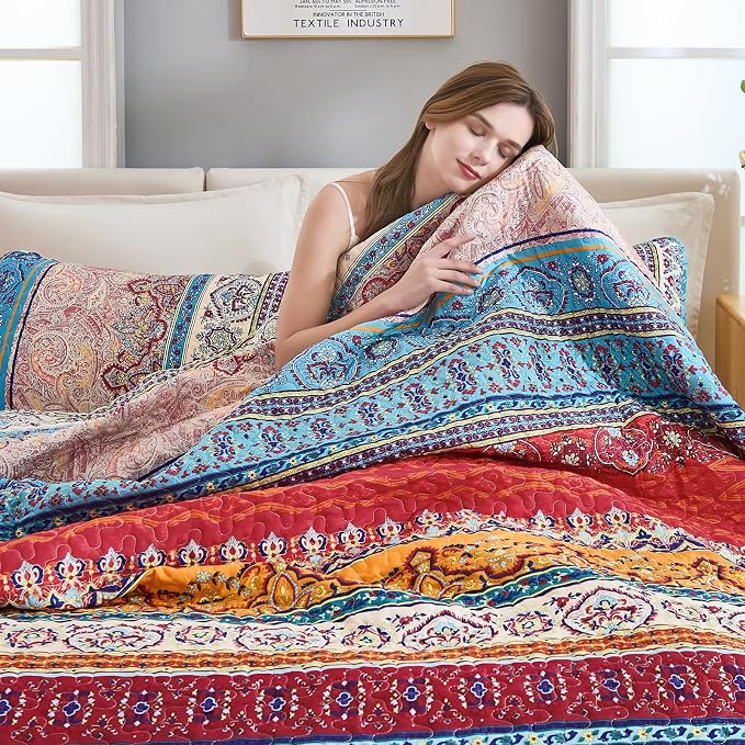 WONGS BEDDING Boho Quilt Queen Size,3 Pieces Blue Bedspread | Colorful Bohemian Striped Printed Bedding for All Season, Lightweight Microfiber Coverlet Set with 2 Pillowcases(96"x90")