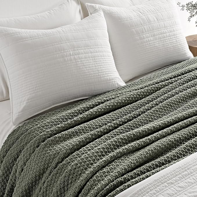 EVERGRACEHOME Chunky Chenille Knit Throw Blanket, 90x90, Dried Thyme Green | Sculpted Moss Stitch, Chic Modern Farmhouse, All-Season Warmth, OEKO-TEX® Certified, Oversized Queen for Couch, Bed, Sofa