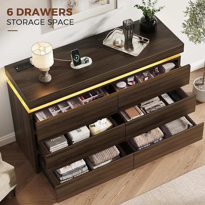 6 Drawer Dresser with LED Lights and Charging Station, Modern Brown Dresser | RGB Lights with App and Remote Control, Music Sync Mode, 6 Spacious Drawers and Durable MDF Storage for Bedrooms or Closets