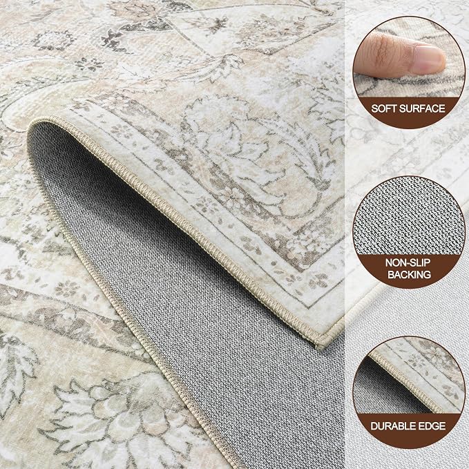 9x12 Washable Area Rugs for Living Room Beige White Non-Slip Rug | Vintage Medallion Rug，Soft Low Pile Large Rugs，Indoor Retro Carpet for Bedroom Nursery Dining Table Farmhouse Home Office