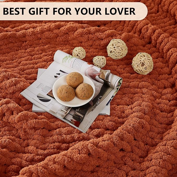 L'AGRATY Chunky Knit Throw Blanket for Couch, 50 x 60 Inches, Rusty Orange | Handmade Chenille Crochet Blanket for Sofa Bed, Thick Cable Knitted Blankets for Room Home Decor, Birthday Gift for Women Mom