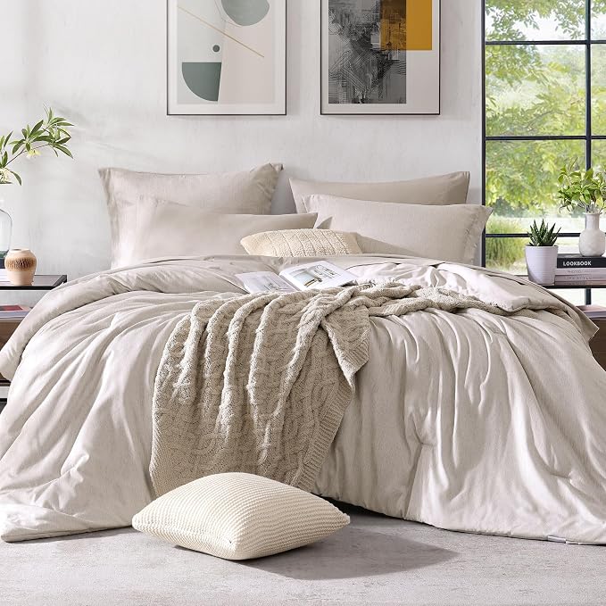Monbix Full Size Comforter Set 7 Pieces Oatmeal Beige Bed in a Bag | Cationic Dyeing Reversible All Season Bedding Sets with Comforter, Sheets, Pillowcases & Shams