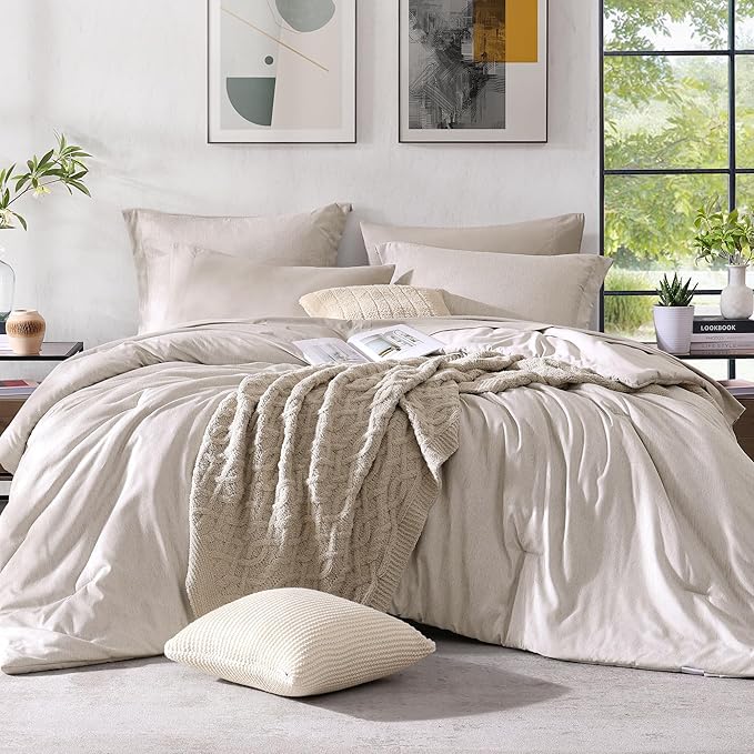 Monbix King Size Comforter Set 7 Pieces Oatmeal Beige Bed in a Bag | Cationic Dyeing Reversible All Season Bedding Sets with Comforter, Sheets, Pillowcases & Shams