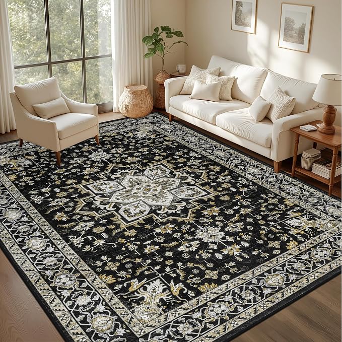 6x9 Area Rugs Living Room: Washable Rug for Bedroom Black Gold | Boho No Slip Stain Resistant Rug Soft Indoor Decor Floor Floral 6x9 Area Rugs for Dining Room, Nursery, Hallway, Home Office