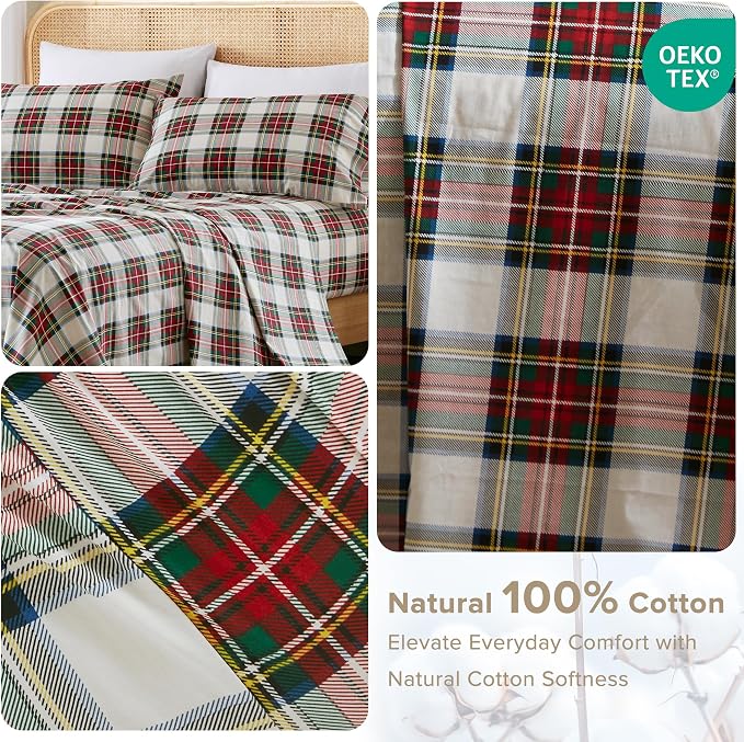 Comfort Spaces 100% Cotton Percale Sheets Full Sheet Set, 4 Piece | Crisp, Cool & Breathable Bed Sheets, 14" Deep Pocket Fits Up to 16" Mattress, Lightweight, All Season, Scottish Plaid Red