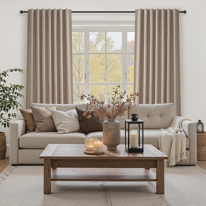 Dark Flax 100% Blackout Linen 60 Inch Extra Wide Bedoom Large Curtain 84 Inches Long 2 Panels Set, Pleated 7FT Heavy Winter Country Bedroom Curtains Boho Drapes Hook Belt Thermal Insulated 60"Wx84"L