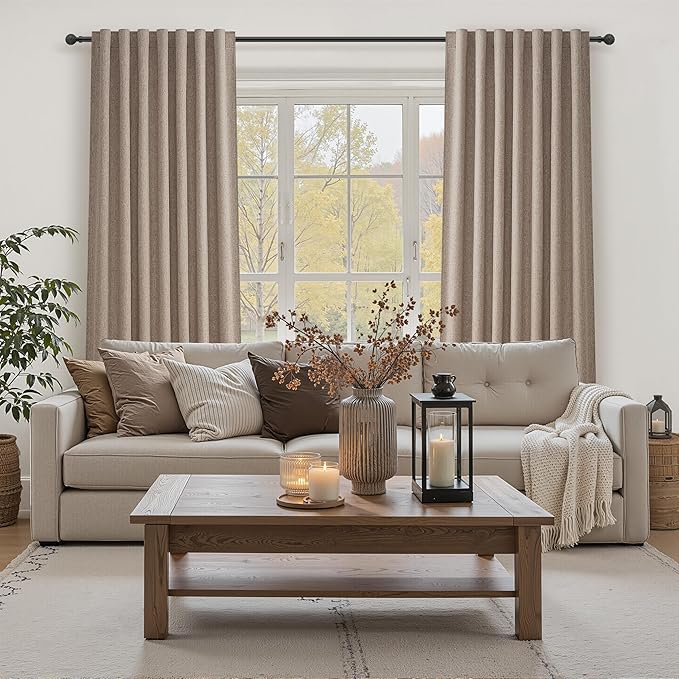 60 Inch Extra Wide Dark Flax Blackout 96 Inches Long Linen Dining Room/Bedroom Curtains,Winter Pleated Room Darkening 8FT Heavy Curtain Boho Thermal Insulated Drapes (60"Wx96"Lx2Panels&Hooks)