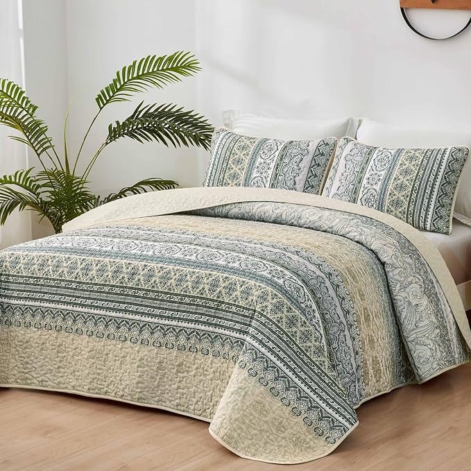 WONGS BEDDING Boho Quilt Queen Size,3 Pcs Beige Bedspread Bedding Set | Colorful Bohemian Striped Printed Bedding for All Season, Lightweight Microfiber Coverlet Set with 2 Pillowcases(96"x90")