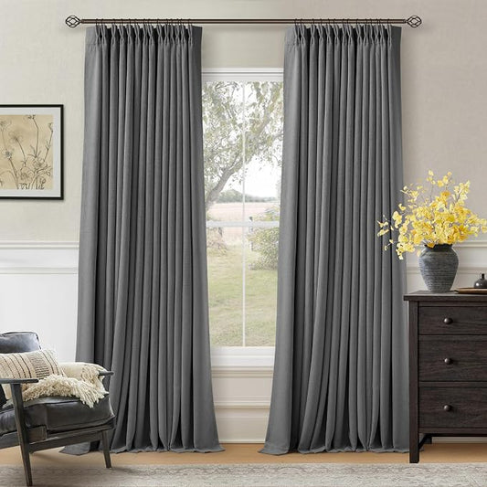 Dark Grey Pleated Thick Linen Blackout Curtains 102 Inches Long with Liner | 100% Black Out, Thermal Insulated, Pinch Pleat with Ring Hooks Back Tab, Room Darkening Drapes for Living Room, Charcoal Gray