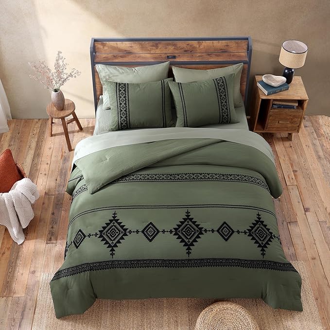 MaiRêve Embroidery Queen Comforter Set 7 Pieces Olive Green Bed in a Bag | Western Boho Farmhouse Bedding Sets with Comforter, Sheets, Pillowcases & Shams