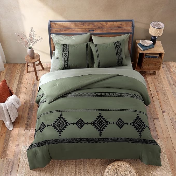 MaiRêve Embroidery Super King Plus Comforter Set 7 Pieces Bed in a Bag | Olive Green Western Boho Bedding Sets Farmhouse with Comforter, Sheets, Pillowcases & Shams