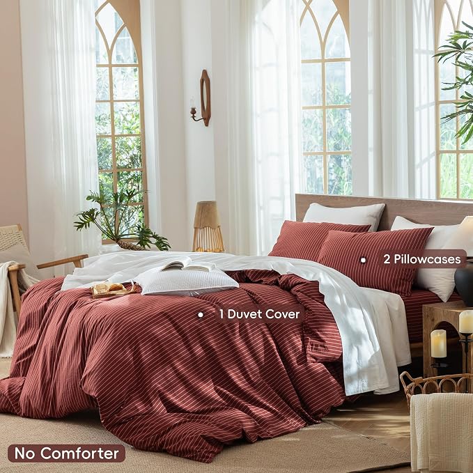 MooMee Striped Duvet Cover Set 100% Washed Cotton Linen Like King | Relaxed Linen-like Texture. Soft, Breathable & Long-lasting Comfort. Lightweight. Hidden Zipper with 8 Interior Corner Ties