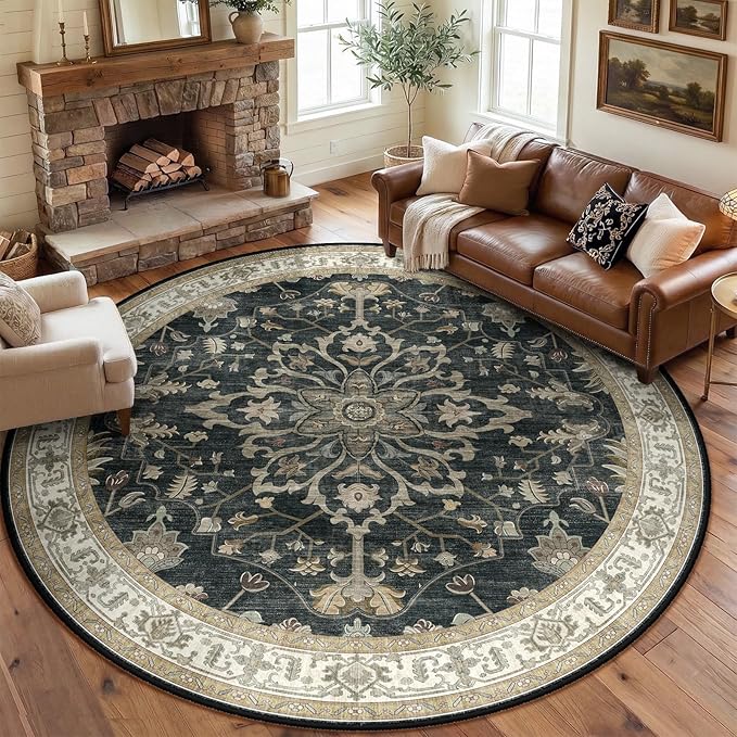 RELEANY Washable Area Rug, Round 8ft, Black/Vintage/Beige | Non-Slip, Water Repellent, Pet Friendly, Easy to Clean, Vintage Floral Boho Decor for Living Room Bedroom Dining Room