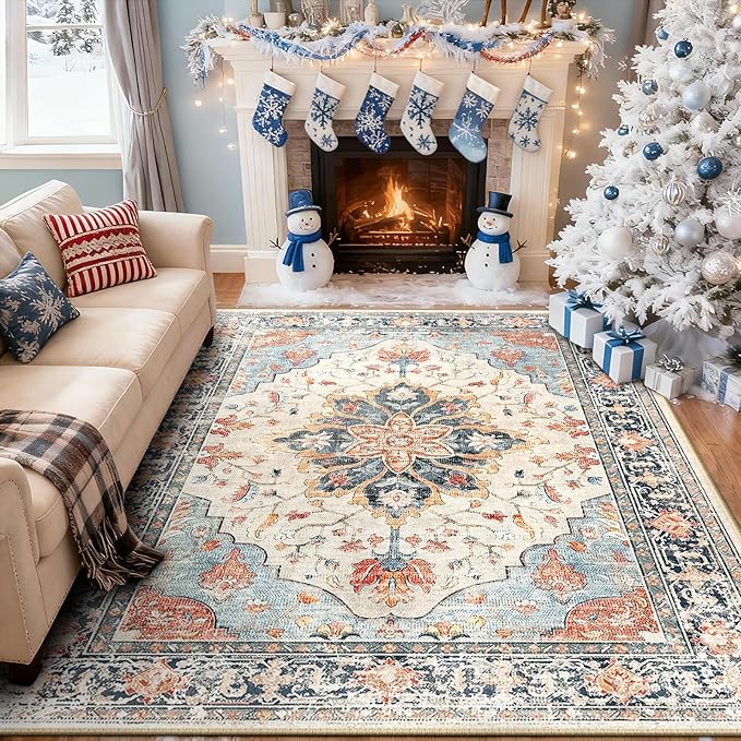 RELEANY Washable Area Rug, 8'x10', Beige/Blue/Orange | Non-Slip, Water Repellent, Pet Friendly, Easy to Clean, Vintage Floral Boho Decor for Living Room Bedroom Dining Room