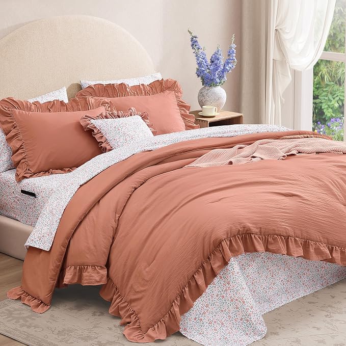Queen Comforter Set-7 Pieces Ruffle Bedding with Floral Sheet | Autumn Leaf Bed in a Bag, Soft Lightweight All Season Farmhouse Queen Bedding Sets with Floral Sheets, Pillowcases & Shams