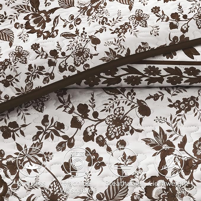 FLYMME Brown and White Vintage Floral Quilt Set Full/Queen Size, 3-Piece Classic Reversible Bedspread Coverlet with 2 Pillow Shams, Lightweight Botanical Bedding Set for All Season