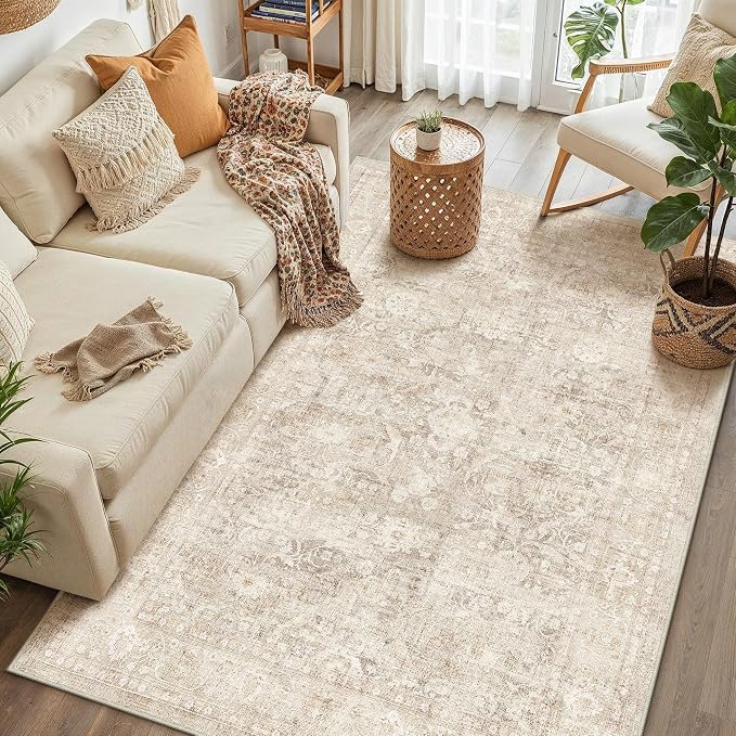 4x5 Beige Neutral Living Room Bedroom Area Rug | Washable, Soft, Non Slip, Low Pile, Vintage, Distressed, Carpet for Dining Room Nursery Office Indoor Home Decor