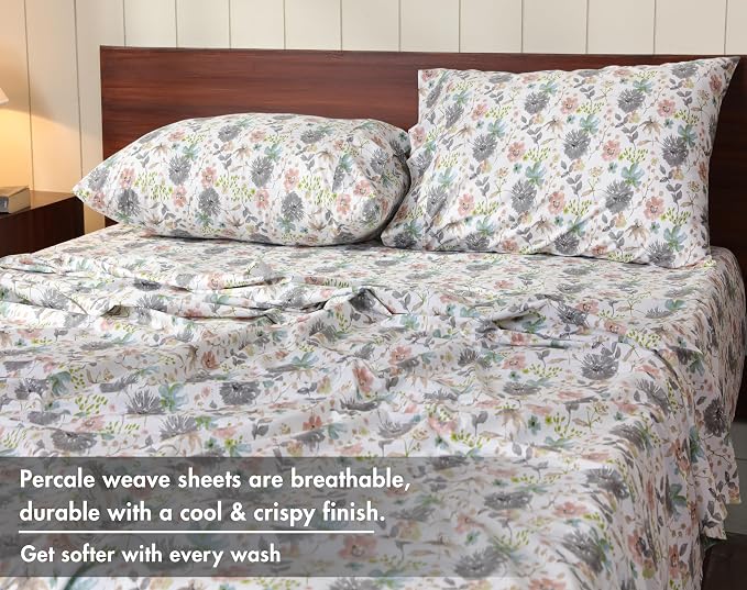 RUVANTI 100% Cotton Percale Sheets Twin XL, Dandelion Field | Crisp Cooling, Deep Pocket 16", Soft Breathable & Durable, Hotel-Style, 3 Piece Set
