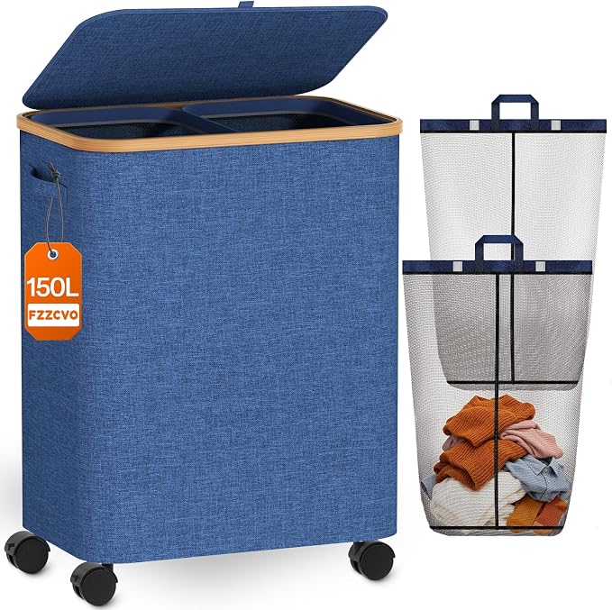 Double Laundry Basket with Wheels and Lid, 150L Clothes Hampers for Laundry | Large Laundry Hamper with 2 Sections & Removable Liner Bags, Rolling Dirty Clothes Basket for Bedroom Bathroom Dorm College