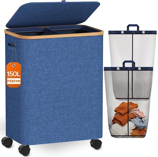 Double Laundry Basket with Wheels and Lid, 150L Clothes Hampers for Laundry | Large Laundry Hamper with 2 Sections & Removable Liner Bags, Rolling Dirty Clothes Basket for Bedroom Bathroom Dorm College