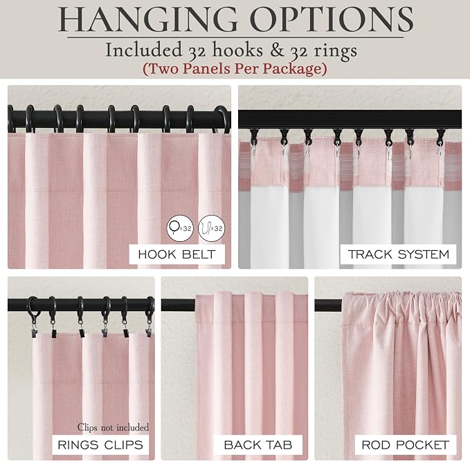 BabyPink Curtains for Girls Room, Cute Blackout Bedroom Curtains Aesthetic 84 Inch Length 2 Panels Set Flax Linen Thermal Drapes Insulated&Soundproof Back Tab/Hook Belt Preppy (50"W x 84"L)