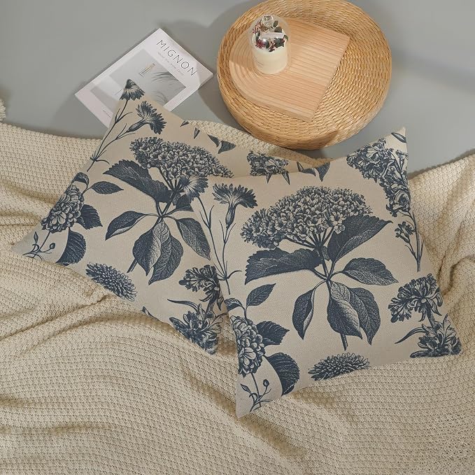 Navy Blue Pillow Covers 22x22 Inch 2 Pcs Boho Vintage Floral Decor Throw Pillows Hydrangea Flower Seasonal Outdoor Farmhouse Neutral Accent Decoration Pillowcase Linen Cushion Cover for Couch