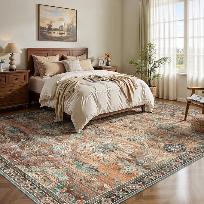 8x10 Area Rugs, Vintage Retro Soft Washable Rug, Non-Slip Low Pile Rugs for Living Room, Bedroom, Dining Room, Stain Resistant Home Decor Rug (Vintage Orange/Brick)