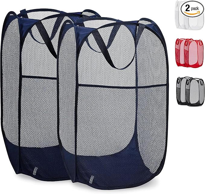 Handy Laundry Collapsible Mesh Pop Up Laundry Hamper 2-Pack – Large Foldable Laundry Basket with Side Pocket, Breathable & Durable, Space-Saving for Clothes, Toys, Travel, Dorm, Bedroom, Blue