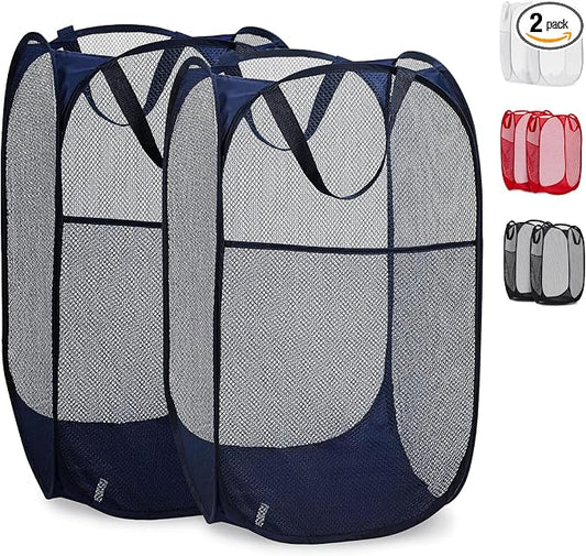 Handy Laundry Collapsible Mesh Pop Up Laundry Hamper 2-Pack – Large Foldable Laundry Basket with Side Pocket, Breathable & Durable, Space-Saving for Clothes, Toys, Travel, Dorm, Bedroom, Blue