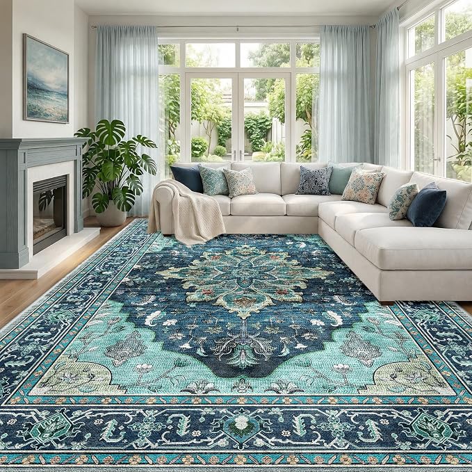 RELEANY Washable Area Rug, Large 10'x12', Teal | Non-Slip, Water Repellent, Pet Friendly, Easy to Clean, Vintage Floral Boho Decor for Living Room Bedroom Dining Room
