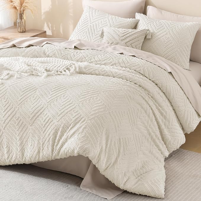 Litanika Oversized Queen Comforter Set, 3 Pcs Beige Tufted Boho Bedding Set | Farmhouse Shabby Chic Vintage Bohemian Textured Aesthetic Soft Fluffy Lightweight Breathable All Season Bed Set