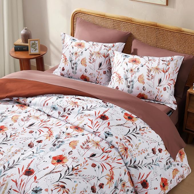 King Size Comforter Set-7 Pieces Floral Bed in a Bag King Bedding Set | Terracotta Botanical Texture Flowers Comforter Set with Sheets, Pillowcases & Shams for All Seasons
