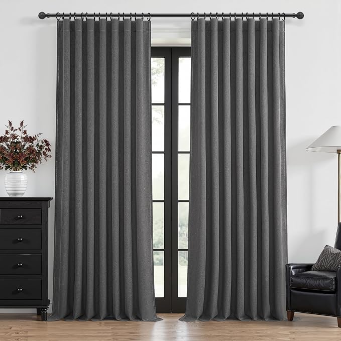 Dark Gray 100% Black Out Linen Curtains 90 Inches Long 2 Panels Set for Kids Boys Room, Country Farmhouse Pleated Ceiling Track Curtain Window Drapes Heavy Thermal for Nursery Charcoal Grey(50"Wx90"L)