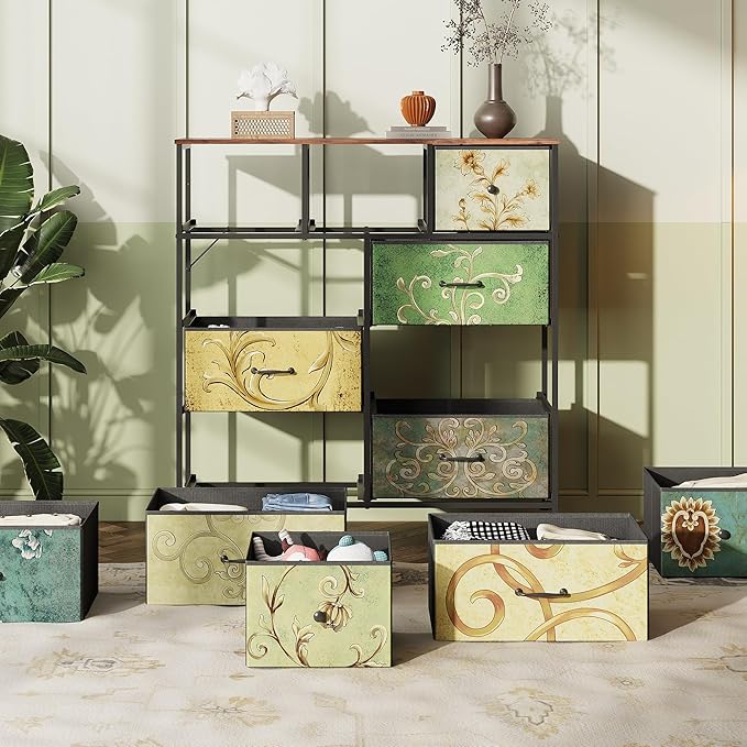 WLIVE Tall Dresser for Bedroom, 11 Drawer Chest of Drawers, Floral | 11 fabric storage drawers, Tall high-capacity design, Bedroom or dorm use, Sturdy steel frame, Smooth wood tabletop
