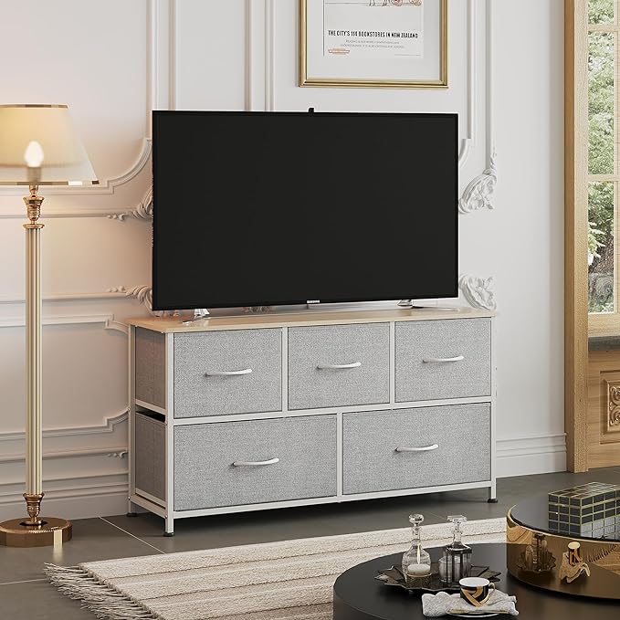 WLIVE Wide Dresser for Bedroom, 5 Drawer Chest of Drawers, Light Grey | 5 roomy fabric drawers, Wide storage design, Bedroom or closet use, Sturdy steel frame, Smooth wood tabletop