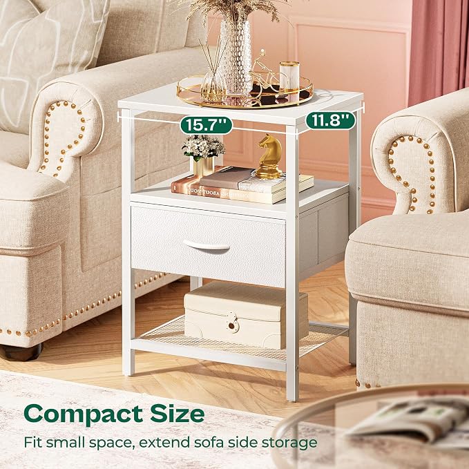Huuger Nightstand Set of 2, Night Stand with Fabric Drawer, Mesh Shelf | Side Table with Storage, Fabric Drawer Dresser, Open Shelf, Metal Frame, Bedroom, White