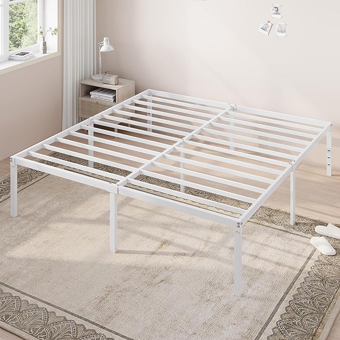Allewie King Size Bed Frame, 18 Inch Metal Beds with Storage Space, White | Heavy-Duty Metal Platform Beds, Large Under-Bed Storage Space, No Box Spring Needed, Easy Assembly