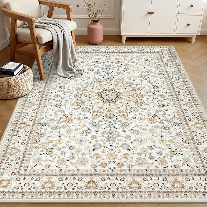 4x6 Area Rugs Living Room: Washable Vintage Rug for Bedroom Beige | Boho No Slip Stain Resistant Rug Soft Indoor Decor Floor Floral 4x6 Area Rugs for Dining Room, Nursery, Hallway, Home Office