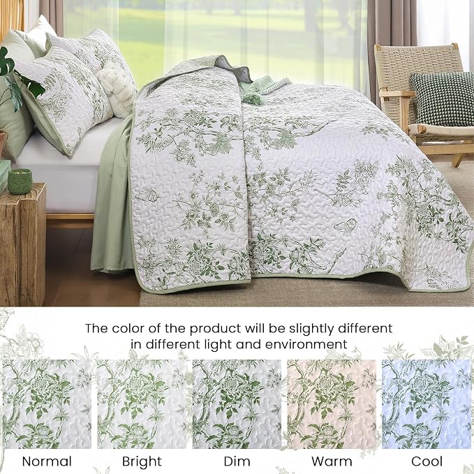 WONGS BEDDING Floral Quilt Set Queen, 3 Pcs Sage Green Bedspreads Coverlets | Spring Summer Floral Farmhouse Bedspread with 2 Shams,Soft Microfiber Lightweight Coverlet for All Season 96"×90"