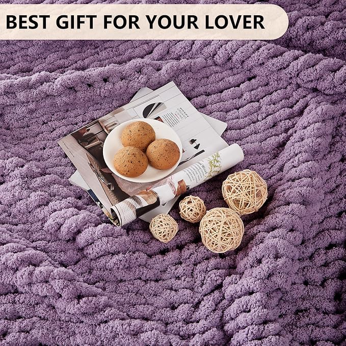 L'AGRATY Chunky Knit Throw Blanket for Couch, 60 x 80 Inches, Deep Purple | Handmade Chenille Crochet Blanket for Sofa Bed, Thick Cable Knitted Blankets for Room Home Decor, Birthday Gift for Women Mom