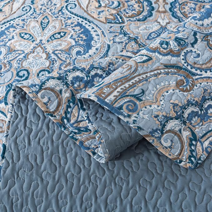 Cotton Bedspread Quilt Sets-Reversible Patchwork Coverlet Set, European Grey Floral Pattern, Queen Size