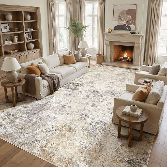 UERMEI 12x14 Area Rug Living Room Rugs - Washable Neutral Modern Abstract Soft Thin Large Rug Indoor Floor No Slip Rug Carpet for Bedroom Under Dining Table Home Office Decor - Golden Grey