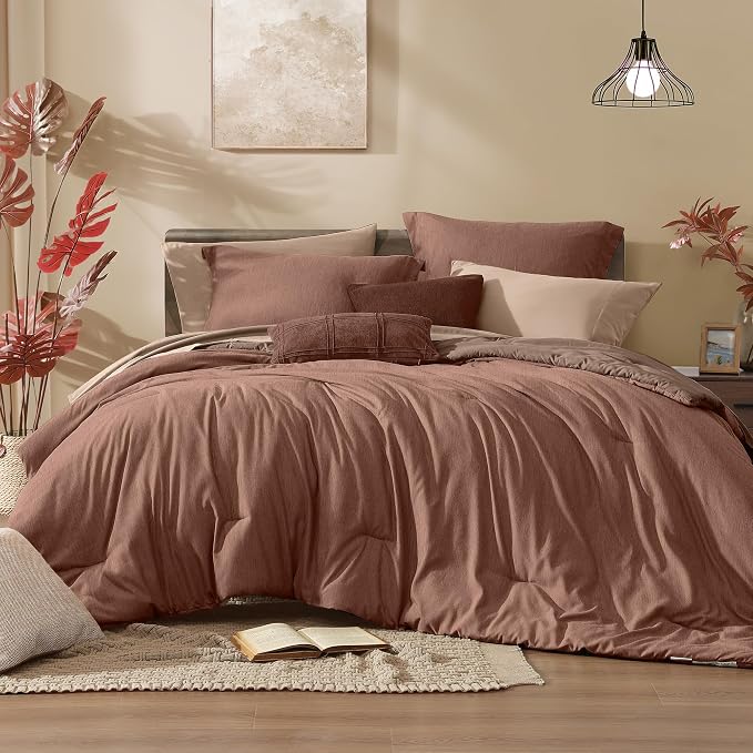 Monbix King Comforter Set 7 Pieces Terracotta Cationic Dyeing Bed in a Bag | Lightweight Reversible All Season Bedding Sets with Comforter, Sheets, Pillowcases & Shams