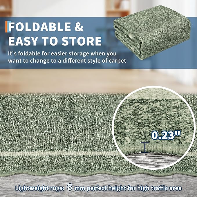 GarveeHome Scalloped Runner Rug for Hallway 2x10 Washable, Greyish Green | Kitchen Rugs Non Slip Modern Entryway Rug Farmhouse Soft Bathroom Rugs Stain Resistant Carpet for Hallway Laundry Bedroom