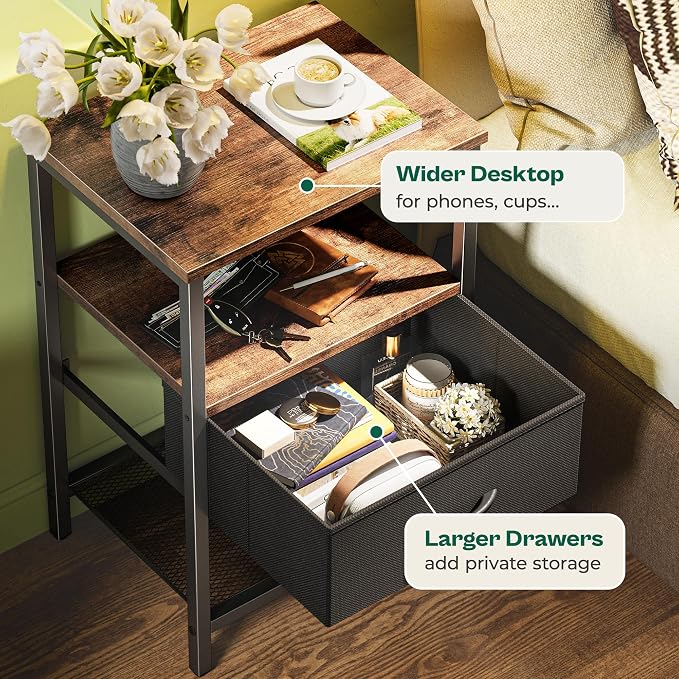 Huuger Night Stand with 2 Drawers, Bed Side Table with Open Shelf | Bedroom Nightstand, Fabric Drawer Dresser, Metal Frame, Couch Side, Living Room, Rustic Brown & Black