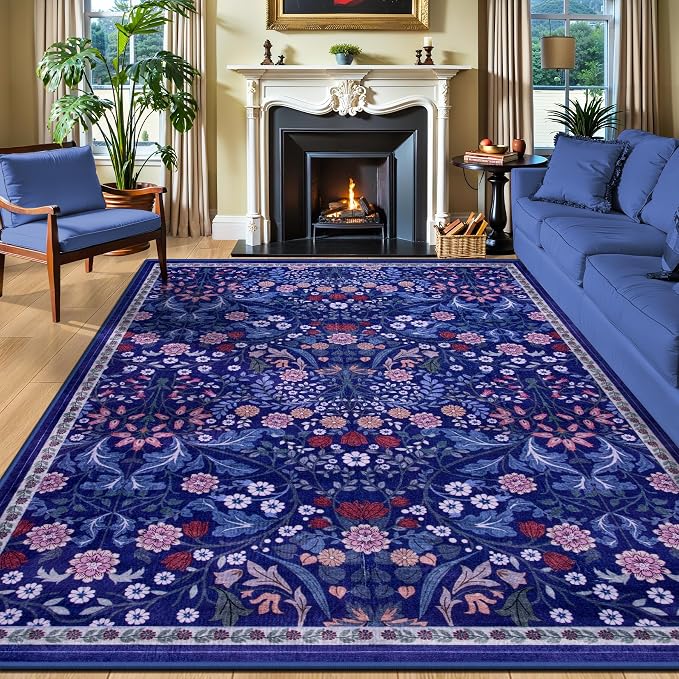 PLHXFR 8x10 Area Rug Living Room: Floral Washable Boho Soft Carpet Blue | For Bedroom Dining Room Farmhouse Nursery Hallway,Vintage Floral,Machine washable,Non Slip,Stain Resistant,Large Indoor